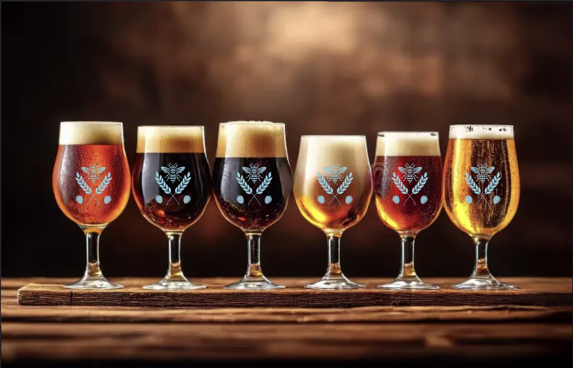 en række forskellige øl med vores logo på
